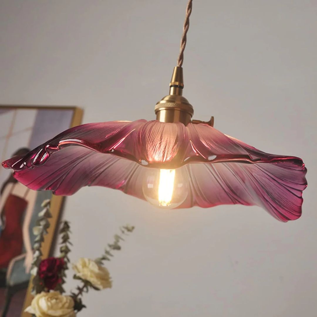 Ribbed Glass Pendant Light | Floral Form, Gold Fitting