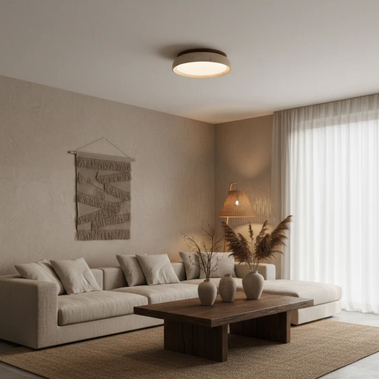 Travertine and Wood Ceiling Light | Japandi Style, 3000K Warm White