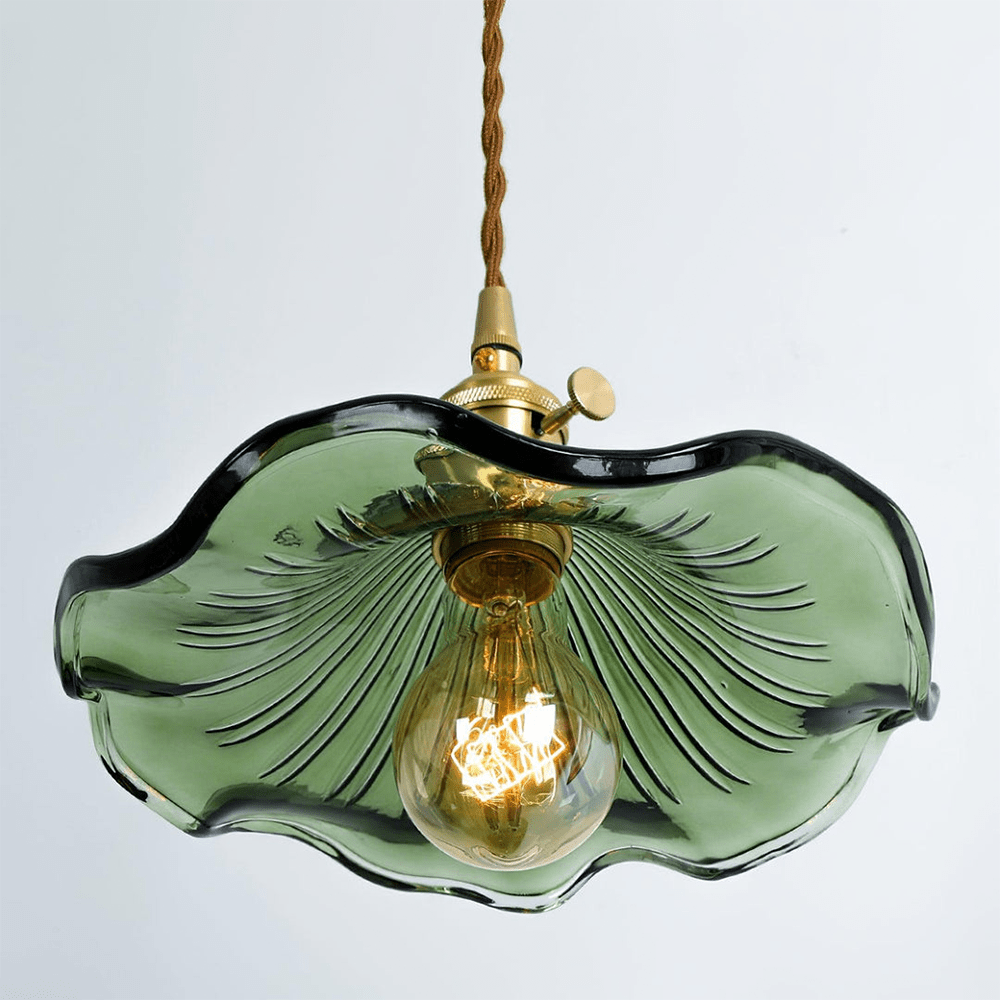Hibiscus Flower Pendant Light | Floral Glass Shade, Brass Frame