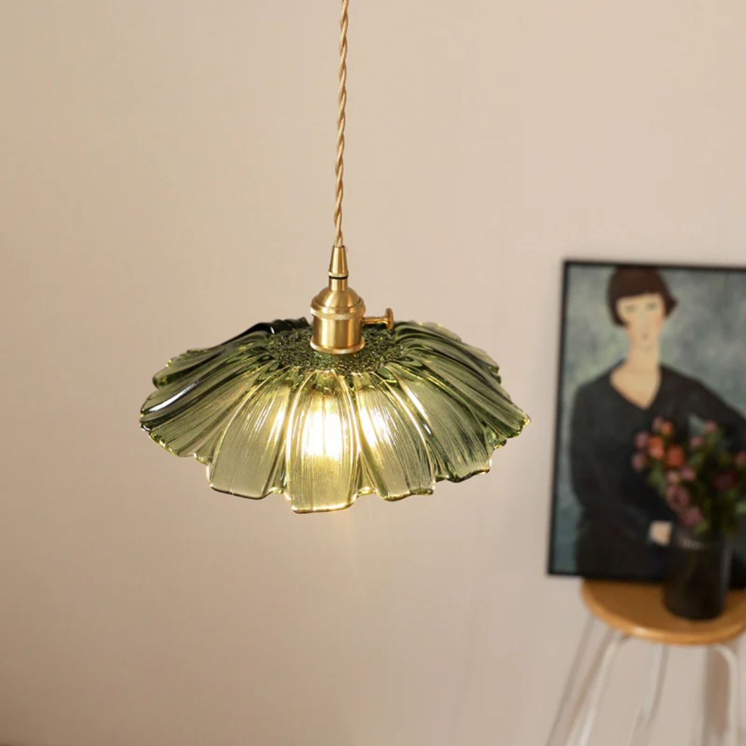 Ribbed Glass Pendant Light | Floral Form, Gold Fitting
