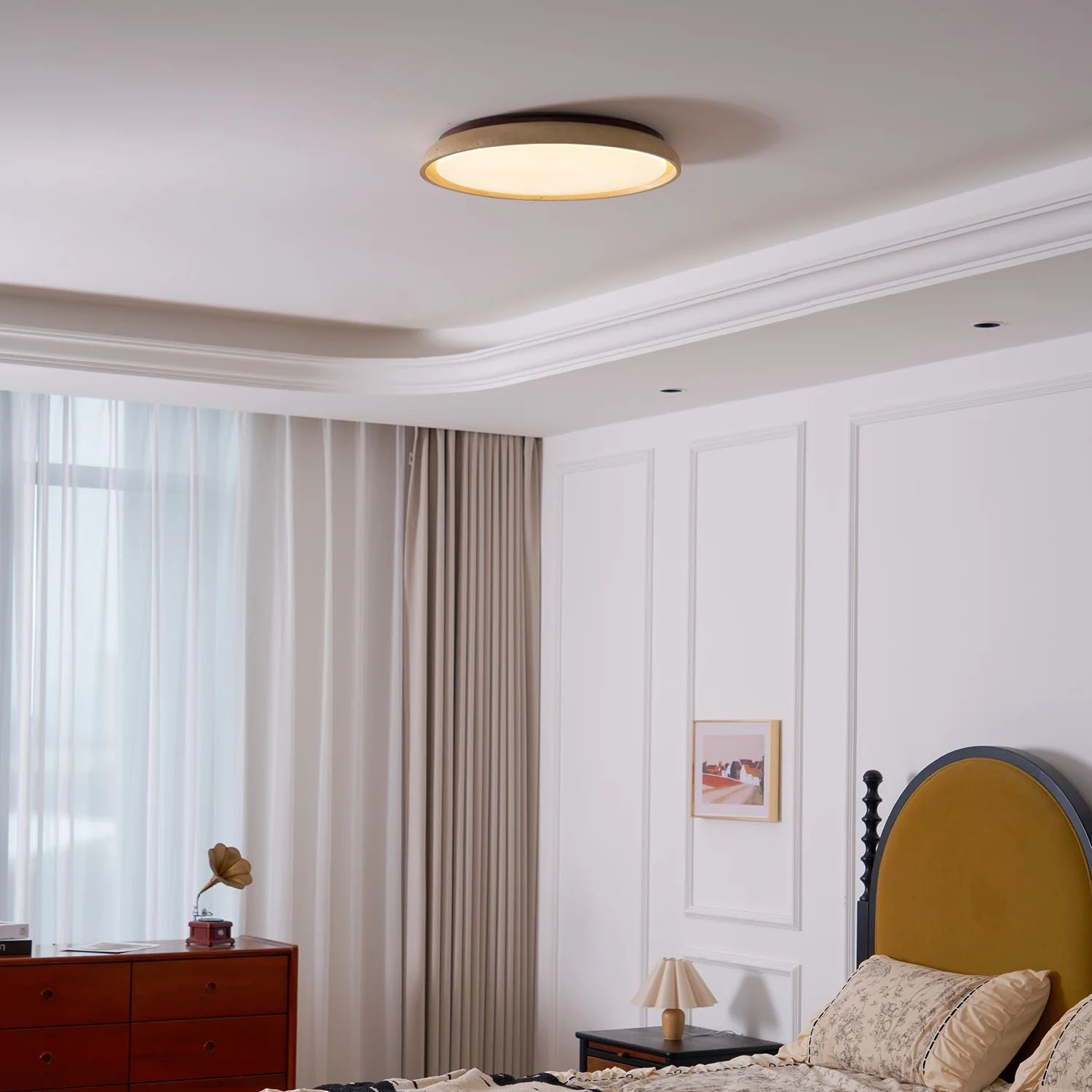 Travertine and Wood Ceiling Light | Japandi Style, 3000K Warm White