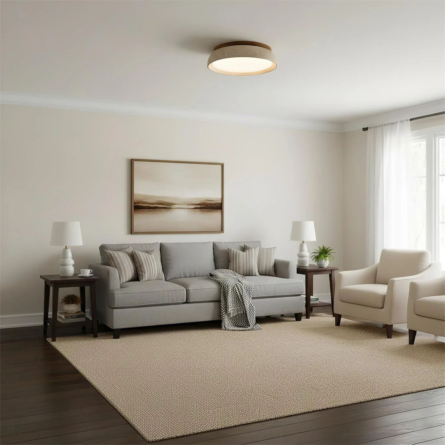 Travertine and Wood Ceiling Light | Japandi Style, 3000K Warm White