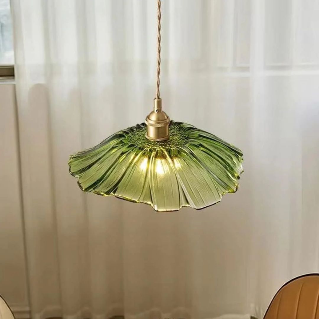 Ribbed Glass Pendant Light | Floral Form, Gold Fitting