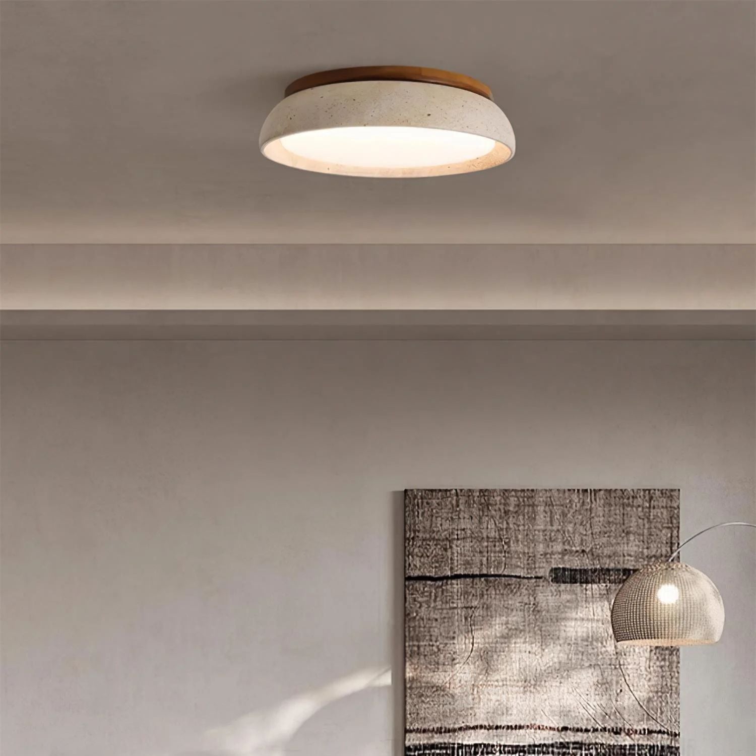 Travertine and Wood Ceiling Light | Japandi Style, 3000K Warm White