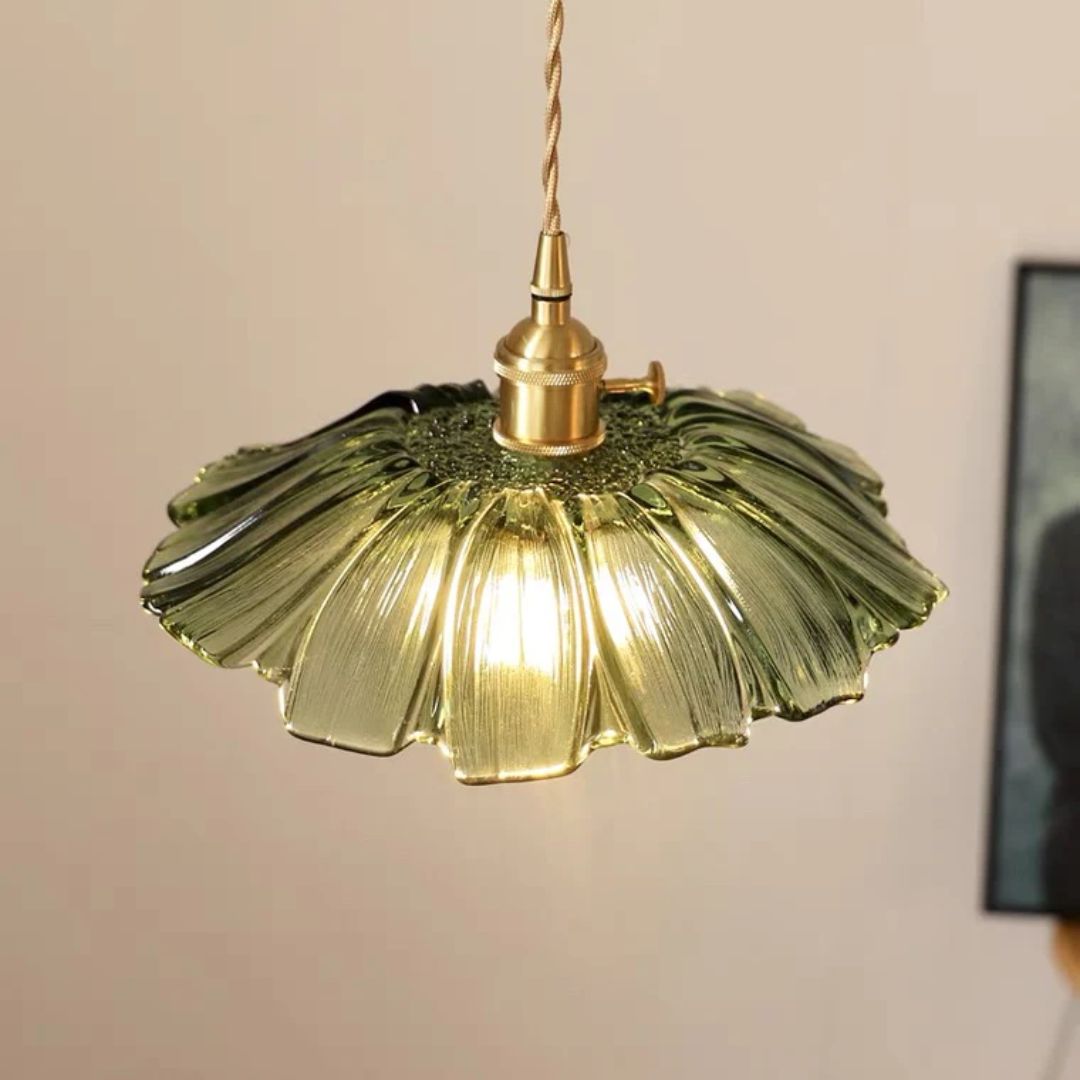 Ribbed Glass Pendant Light | Floral Form, Gold Fitting