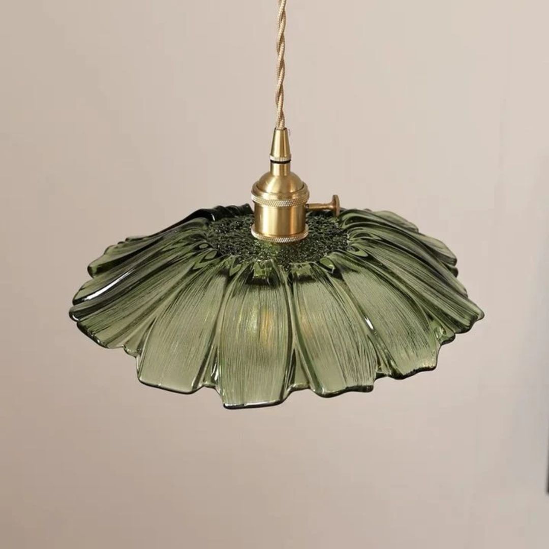 Ribbed Glass Pendant Light | Floral Form, Gold Fitting
