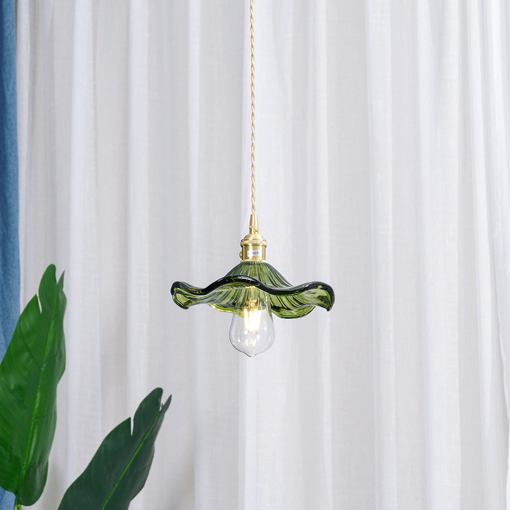 Hibiscus Flower Pendant Light | Floral Glass Shade, Brass Frame