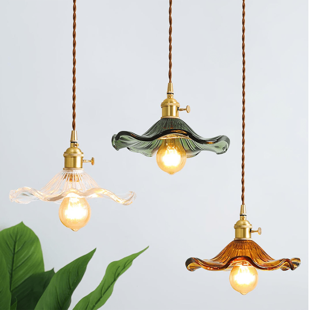 Hibiscus Flower Pendant Light | Floral Glass Shade, Brass Frame