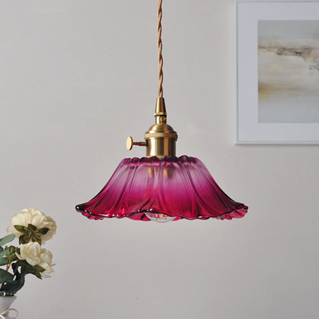 Ribbed Glass Pendant Light | Floral Form, Gold Fitting