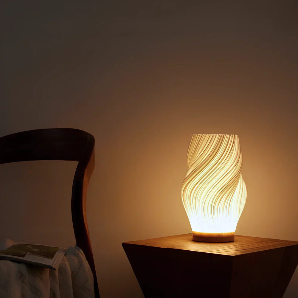 Sculptural LED Table Lamp | Wood Base, Dimmable, USB Powered