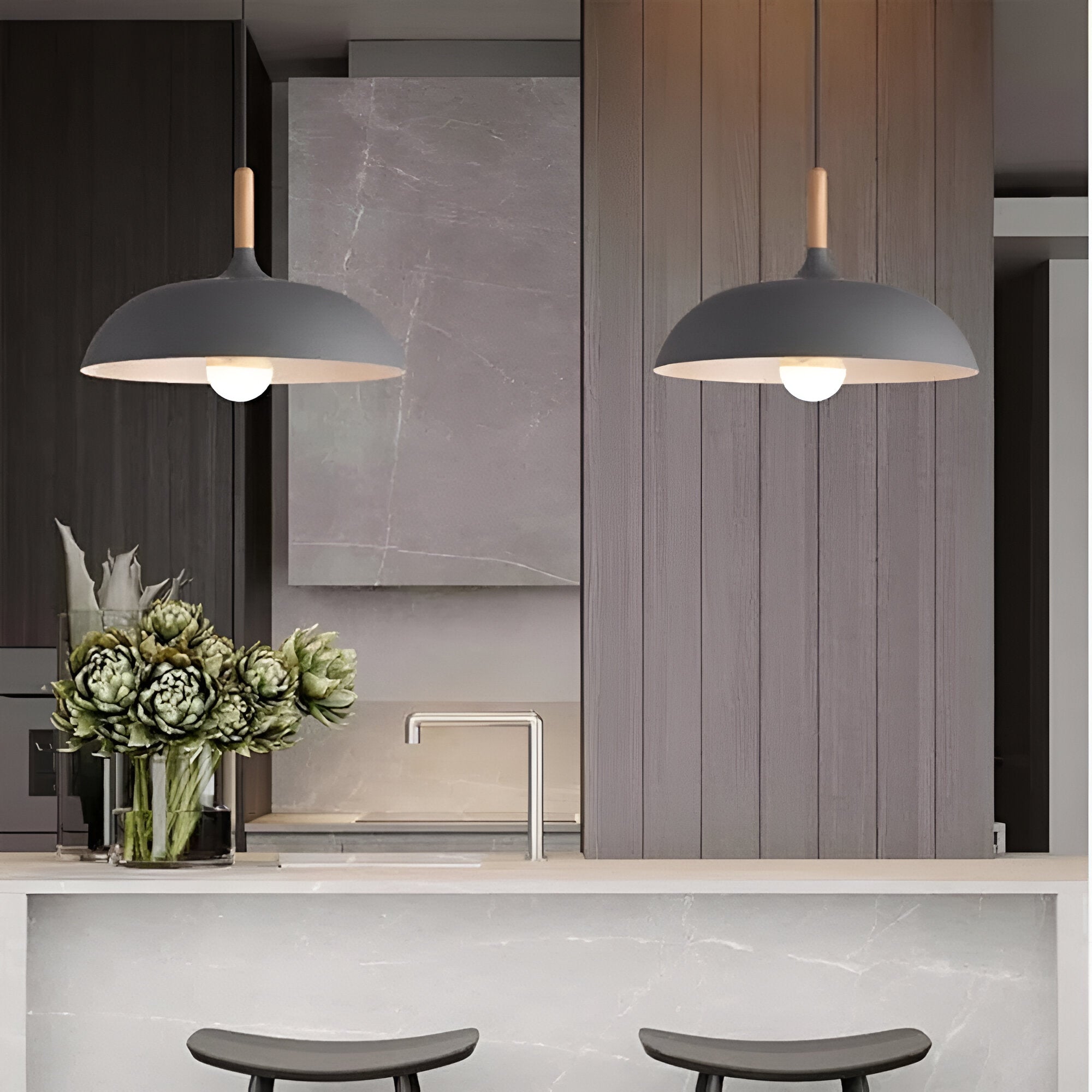 Wood and Iron Pendant Light | Japandi Style, E27, 4 Sizes