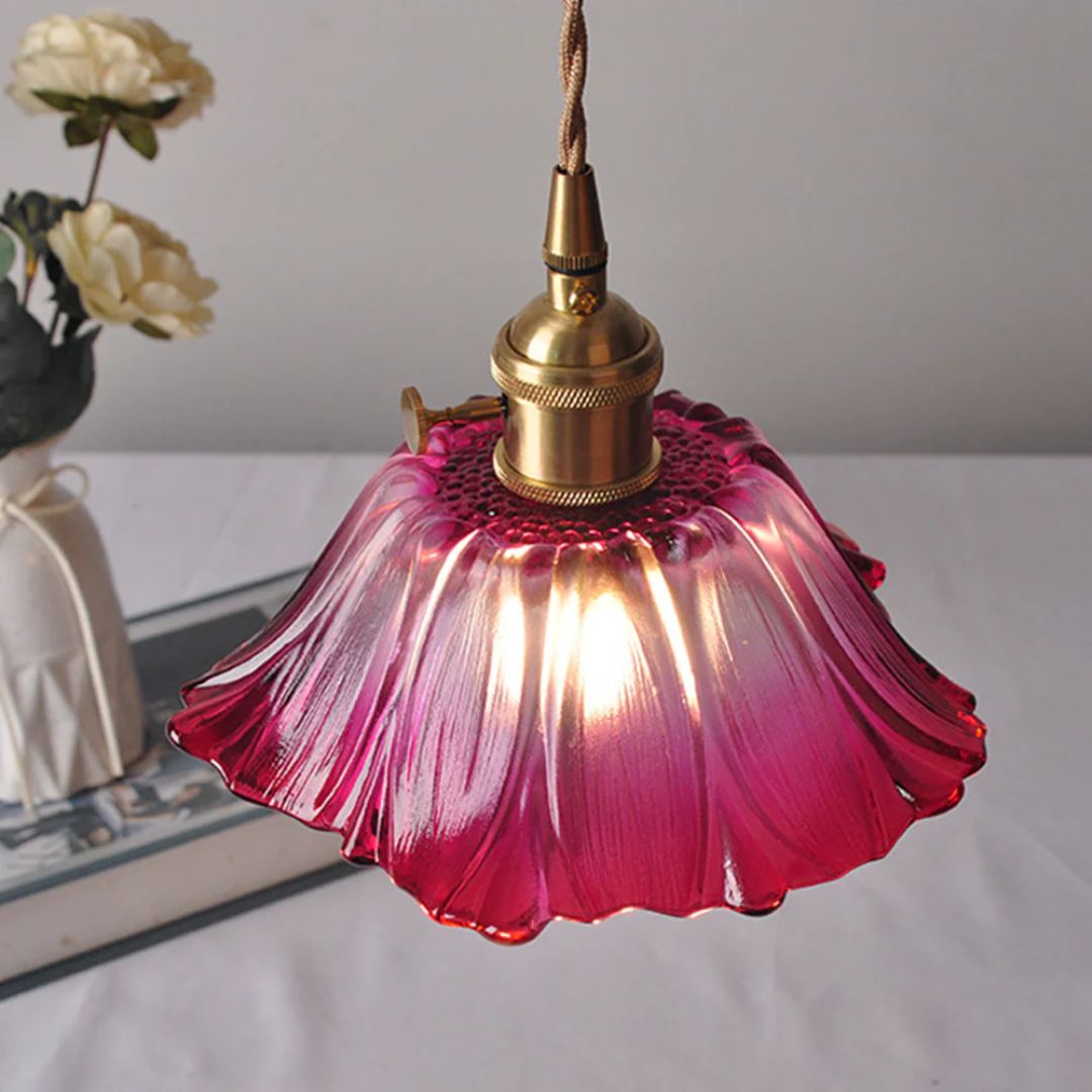 Ribbed Glass Pendant Light | Floral Form, Gold Fitting