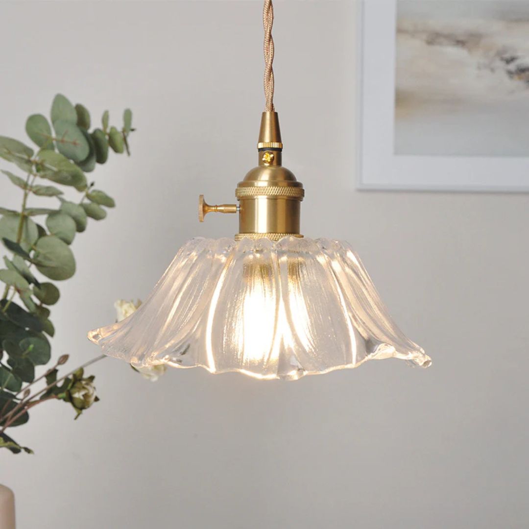 Ribbed Glass Pendant Light | Floral Form, Gold Fitting