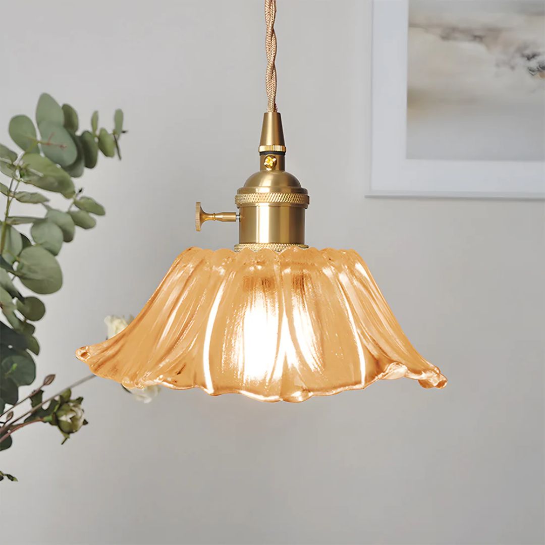 Ribbed Glass Pendant Light | Floral Form, Gold Fitting