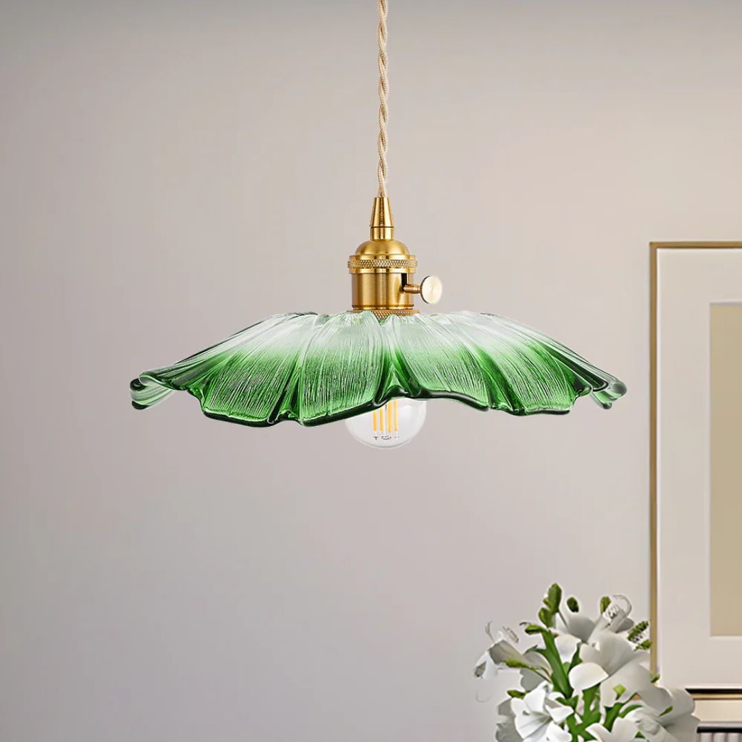 Ribbed Glass Pendant Light | Floral Form, Gold Fitting