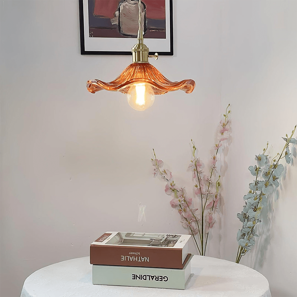 Hibiscus Flower Pendant Light | Floral Glass Shade, Brass Frame