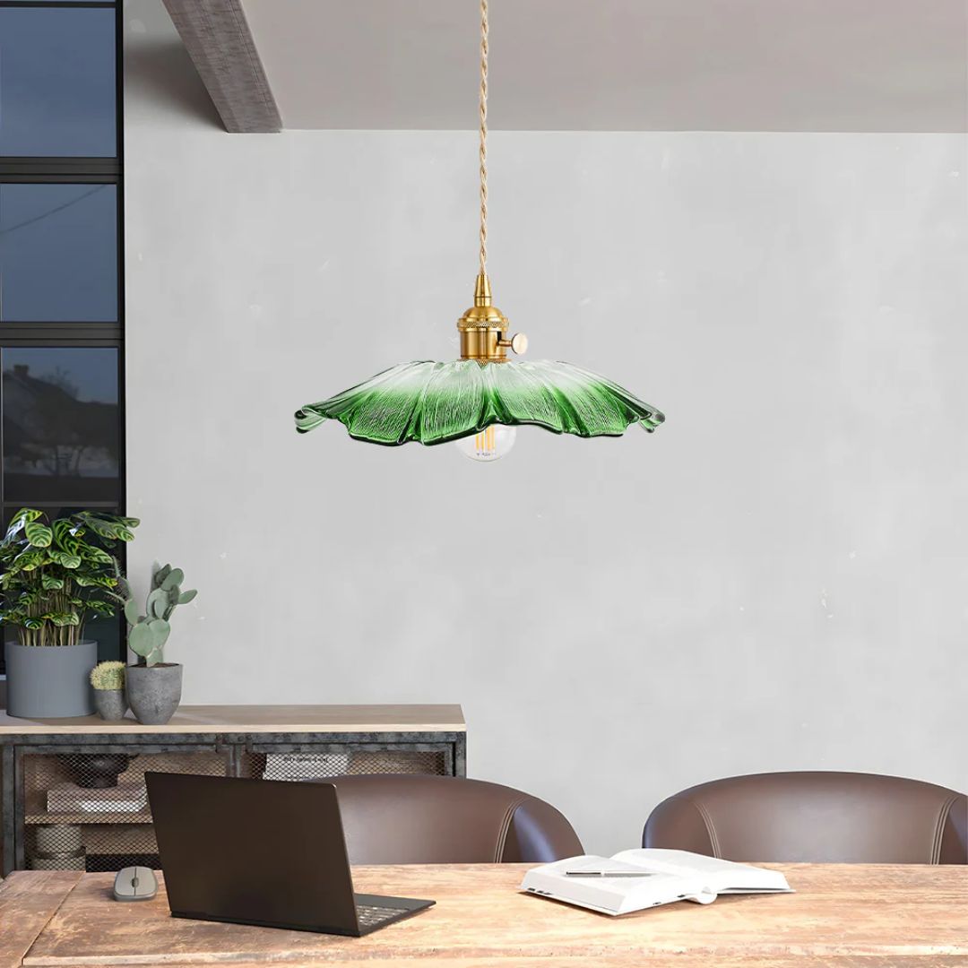 Ribbed Glass Pendant Light | Floral Form, Gold Fitting