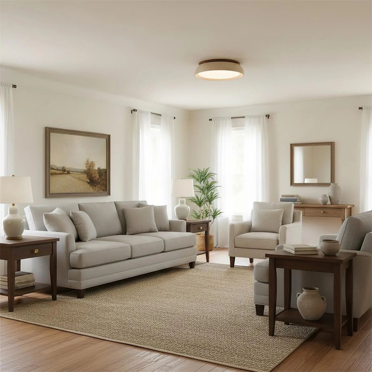 Travertine and Wood Ceiling Light | Japandi Style, 3000K Warm White
