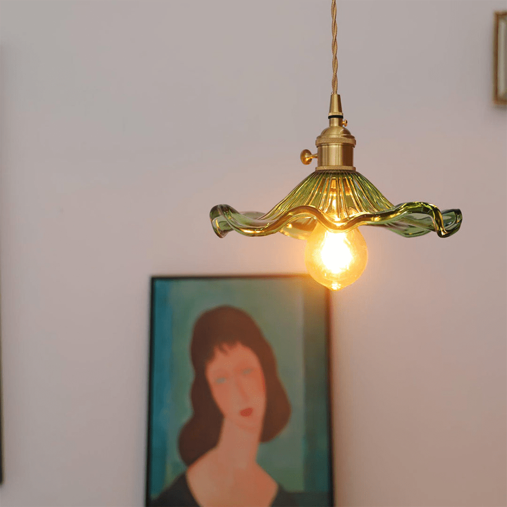 Hibiscus Flower Pendant Light | Floral Glass Shade, Brass Frame