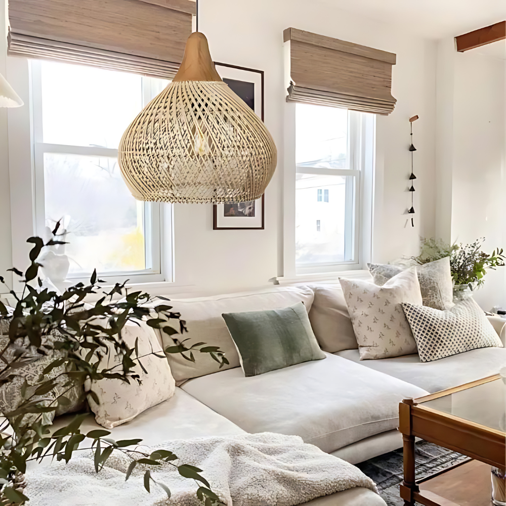 Rattan Pendant Light | Boho Handwoven, Natural or Black