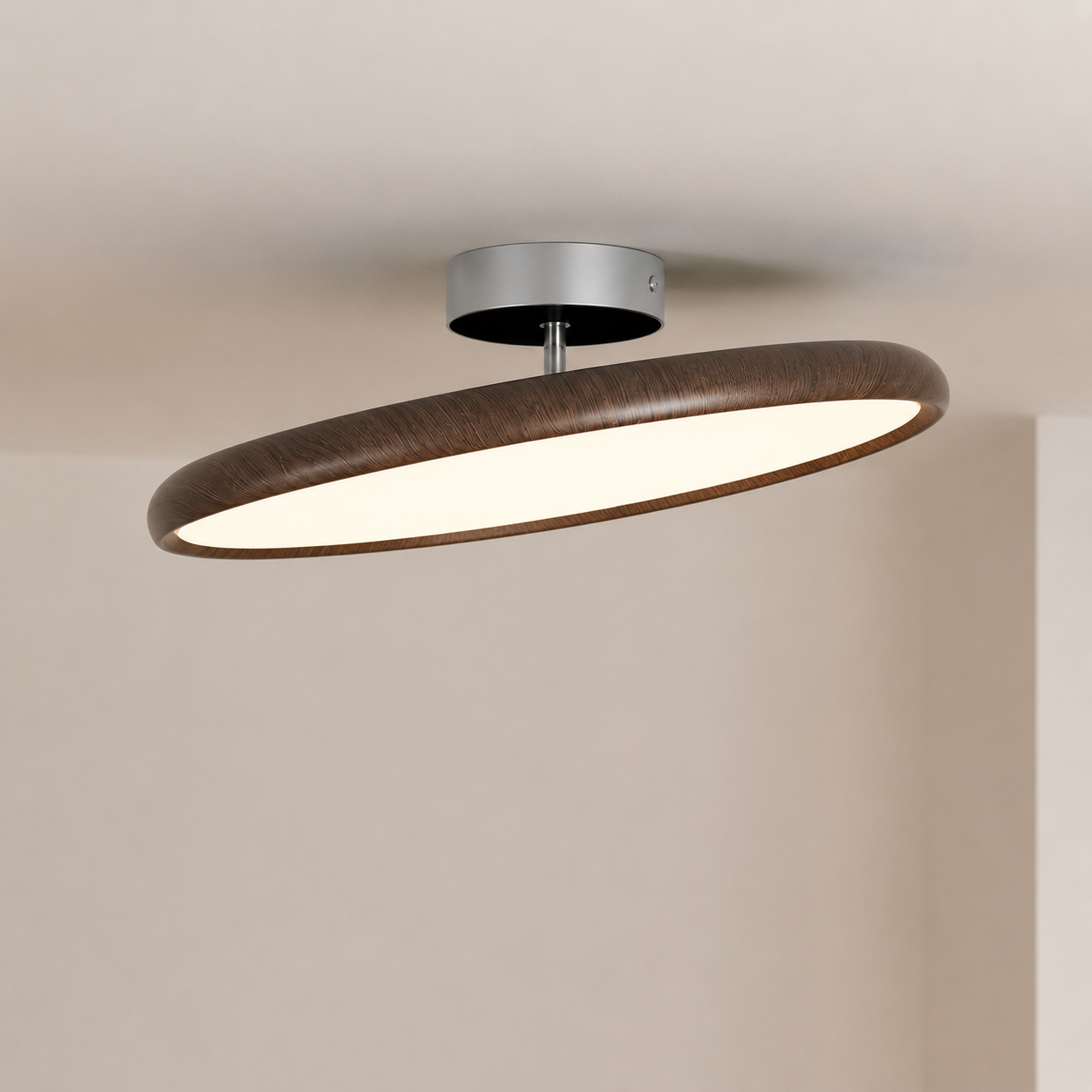 Round Flush Ceiling Light | Wood-Effect Frame, 3000K Warm White