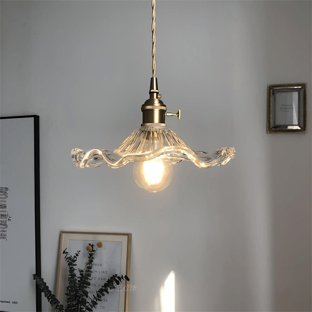 Hibiscus Flower Pendant Light | Floral Glass Shade, Brass Frame