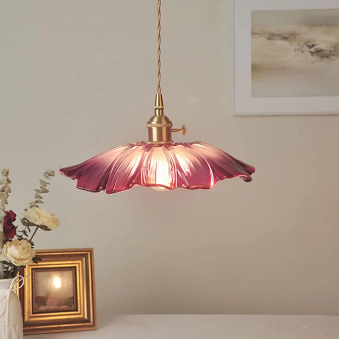 Ribbed Glass Pendant Light | Floral Form, Gold Fitting