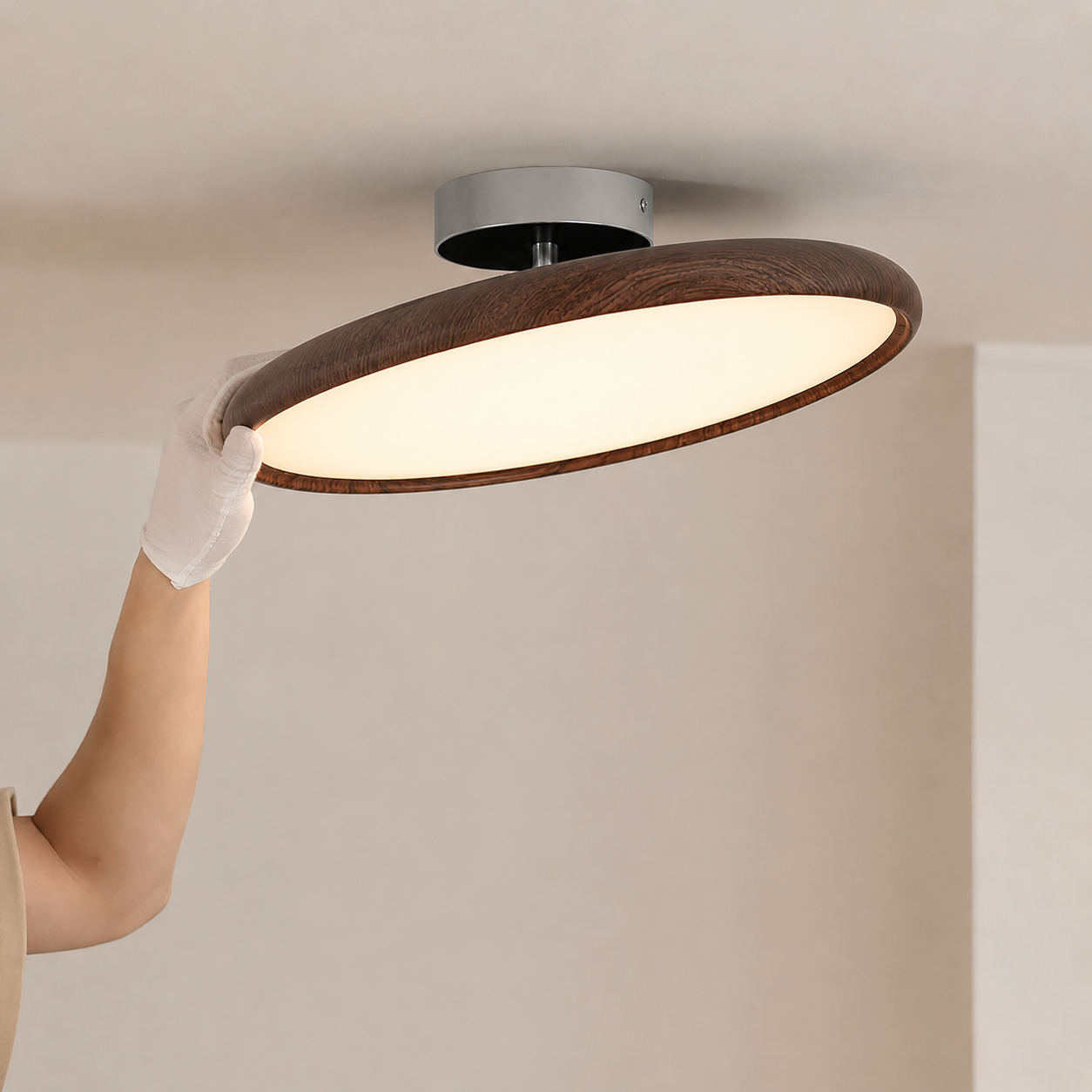 Round Flush Ceiling Light | Wood-Look Frame, Warm White LED