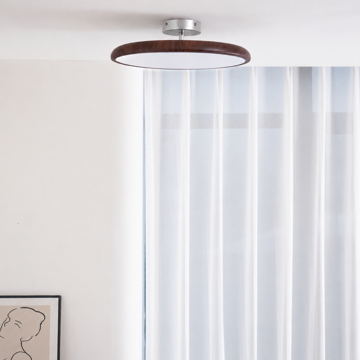 Round Flush Ceiling Light | Wood-Effect Frame, 3000K Warm White
