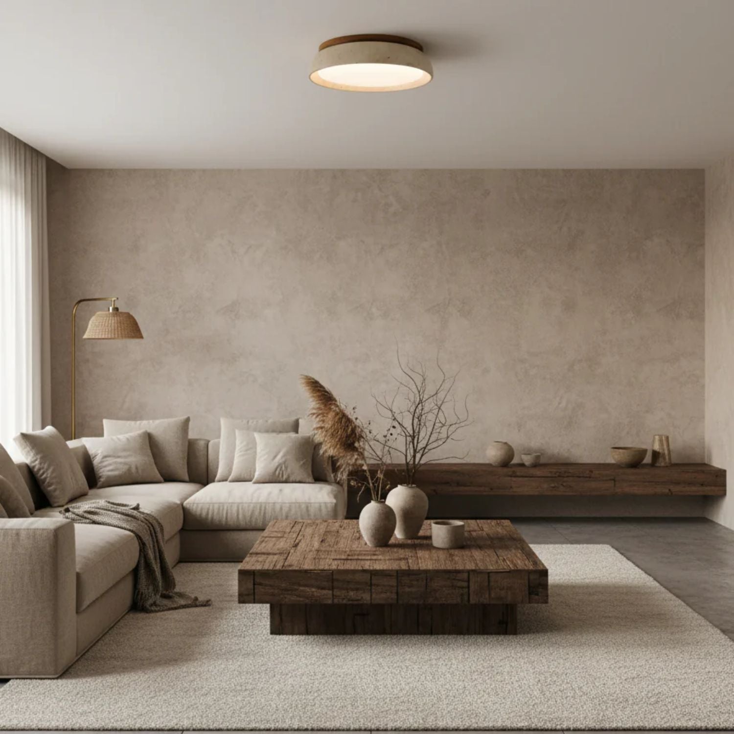 Travertine and Wood Ceiling Light | Japandi Style, 3000K Warm White