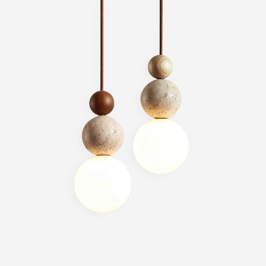 Travertine Pendant Light | Natural Stone, Walnut & Opal Glass