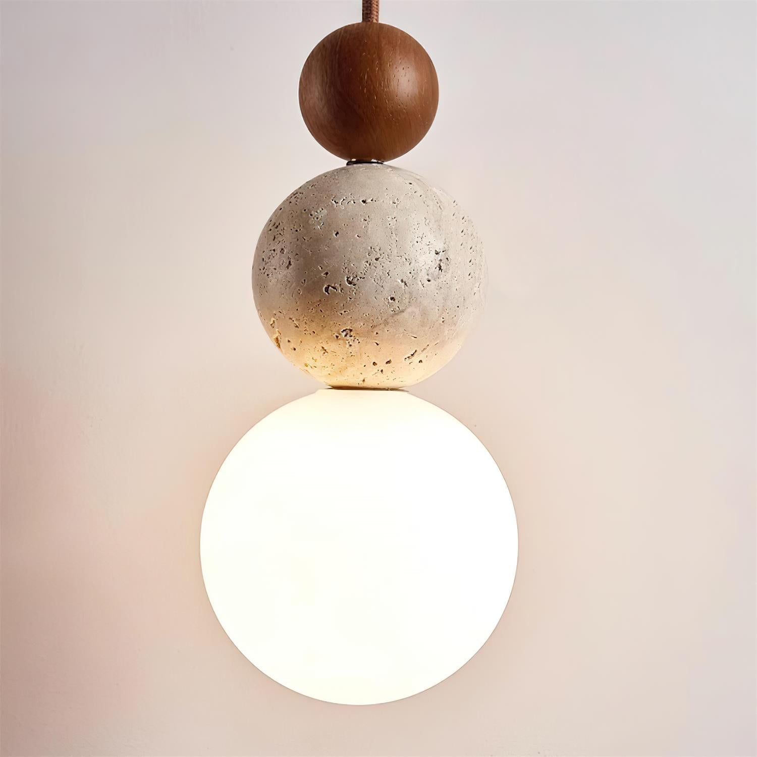 Travertine Pendant Light | Natural Stone, Walnut & Opal Glass