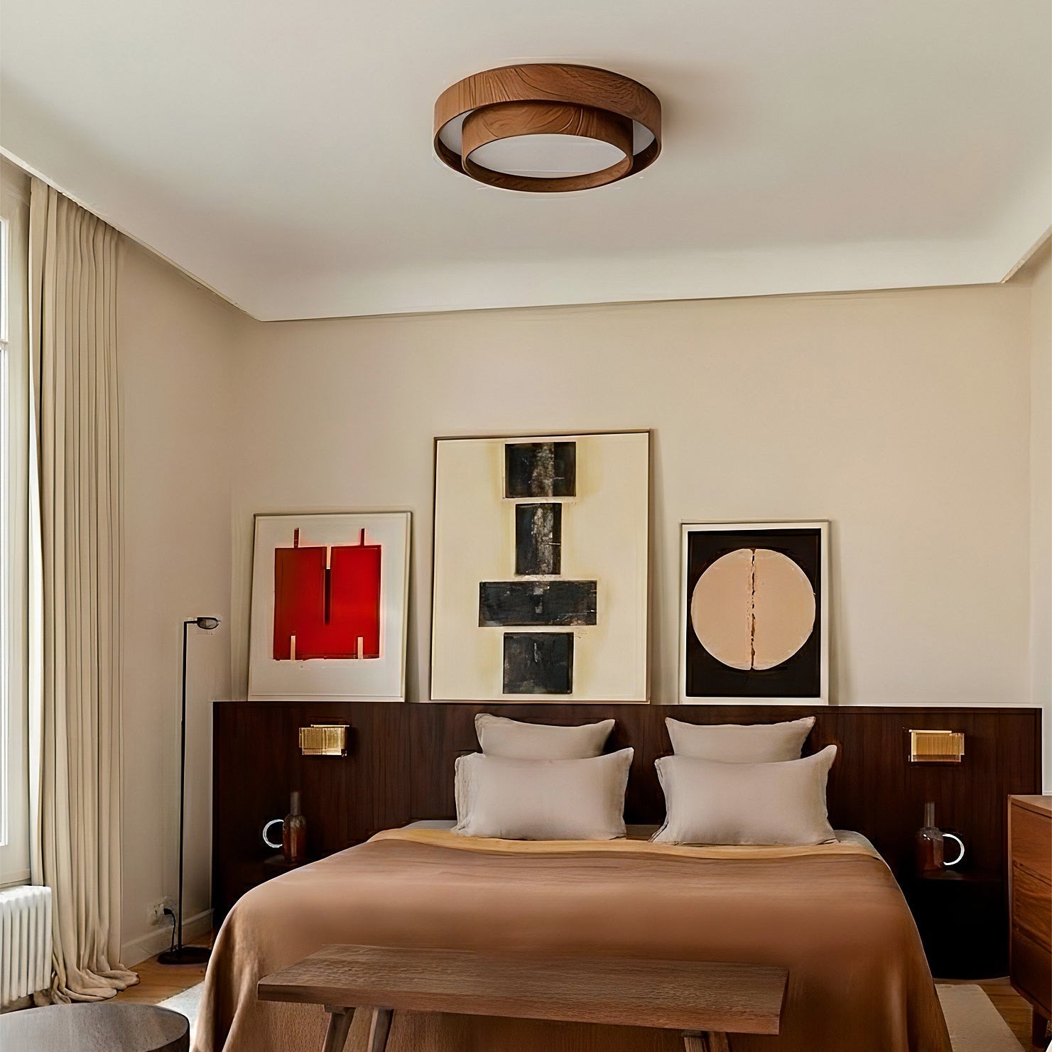 Round Walnut LED Ceiling Light | Japandi Style, Dimmable