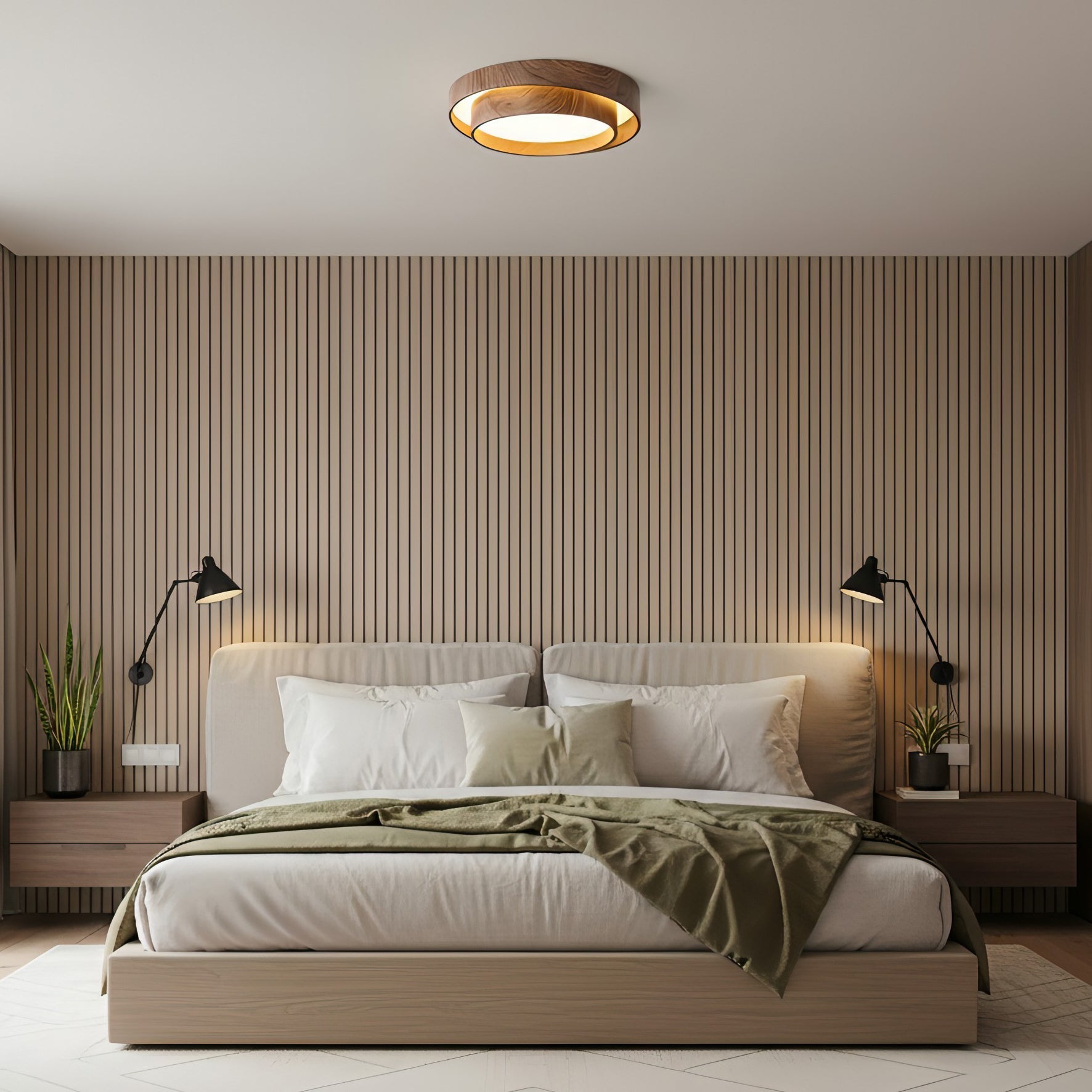 Round Walnut LED Ceiling Light | Japandi Style, Dimmable