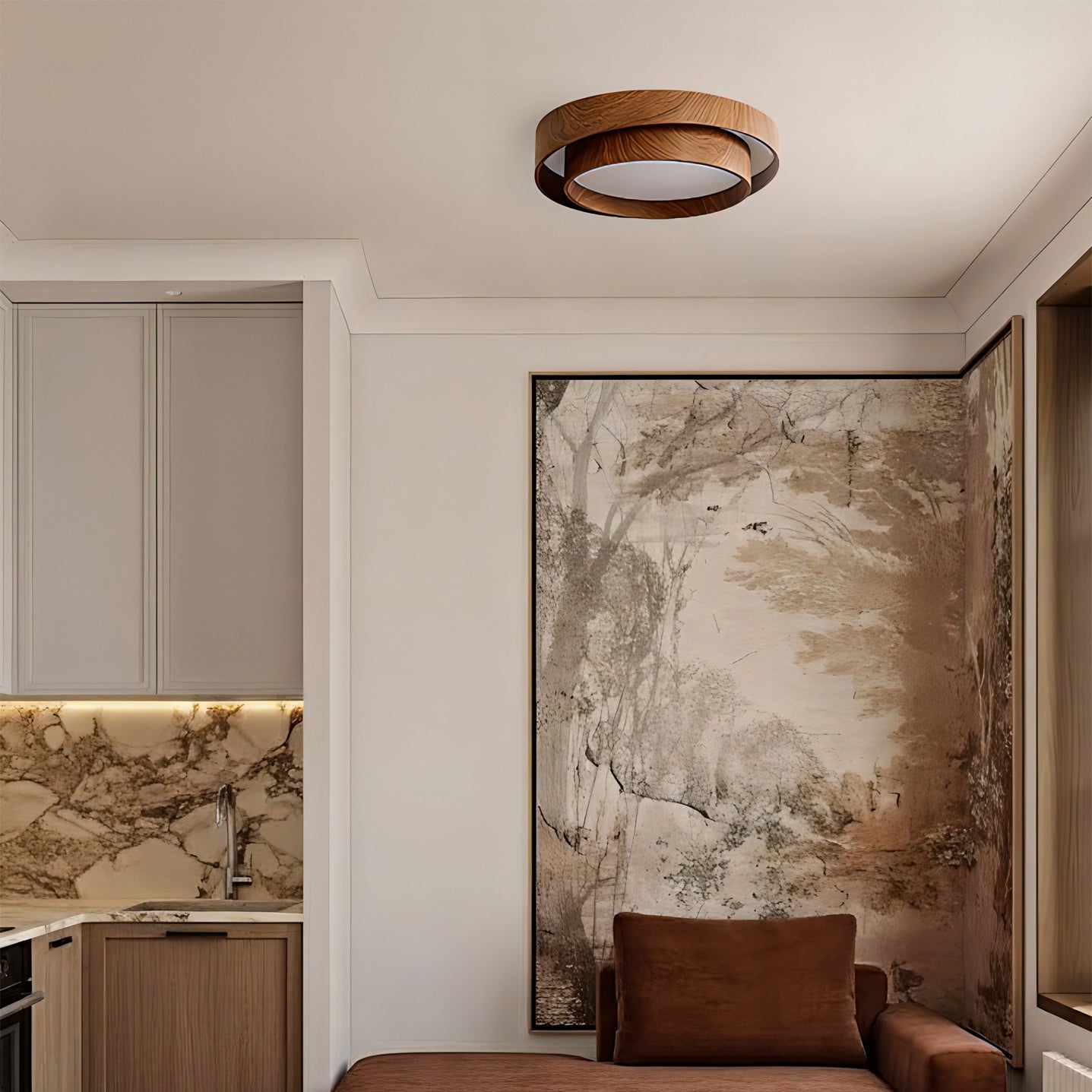 Round Walnut LED Ceiling Light | Japandi Style, Dimmable