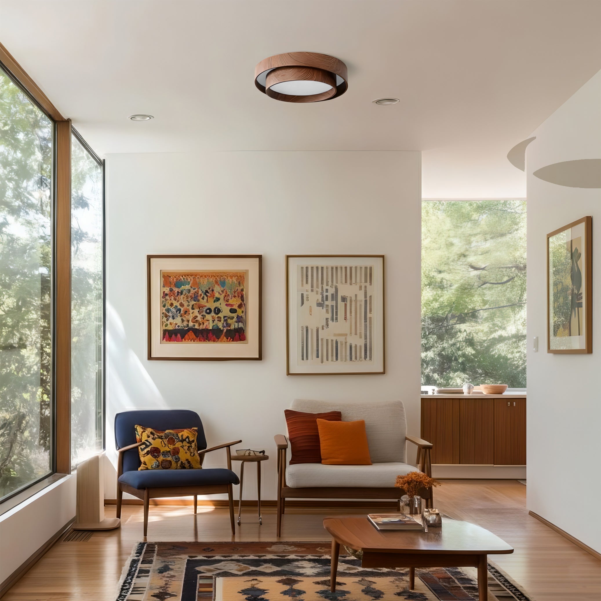 Round Walnut LED Ceiling Light | Japandi Style, Dimmable
