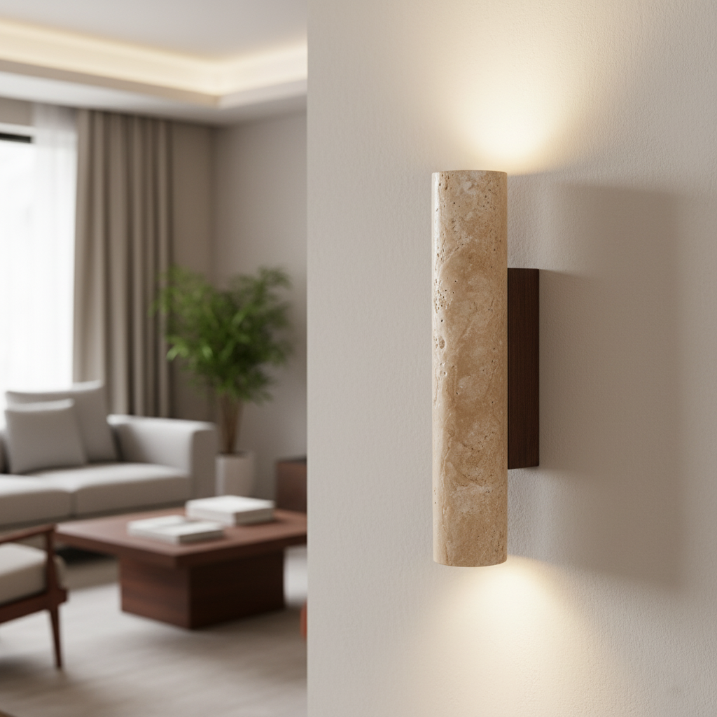 Travertine Tube Wall Sconce | Japandi Style, Natural Stone