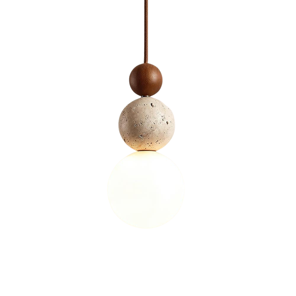 Travertine Pendant Light | Natural Stone, Walnut & Opal Glass