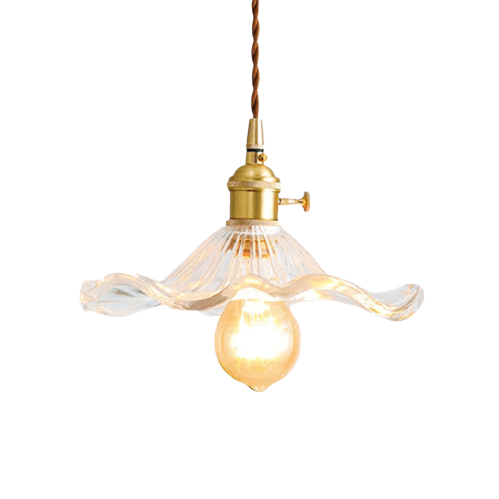 Hibiscus Flower Pendant Light | Floral Glass Shade, Brass Frame