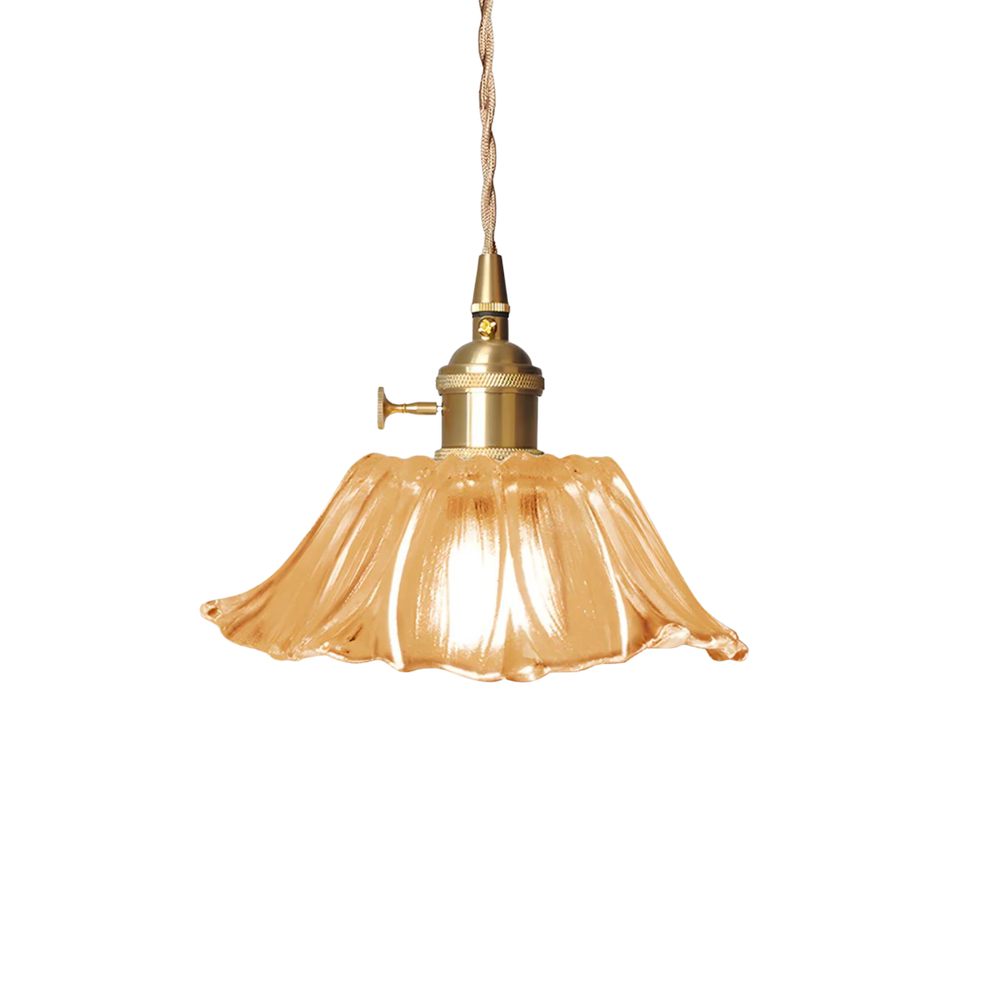 Ribbed Glass Pendant Light | Floral Form, Gold Fitting