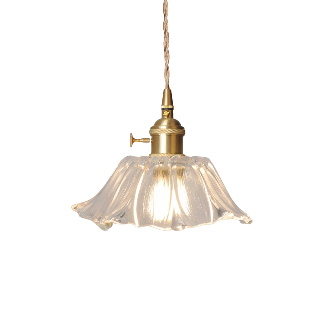 Ribbed Glass Pendant Light | Floral Form, Gold Fitting