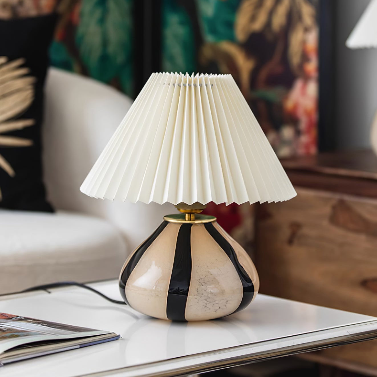 Pleated Fabric Table Lamp | Glass Base, Warm Structured Light