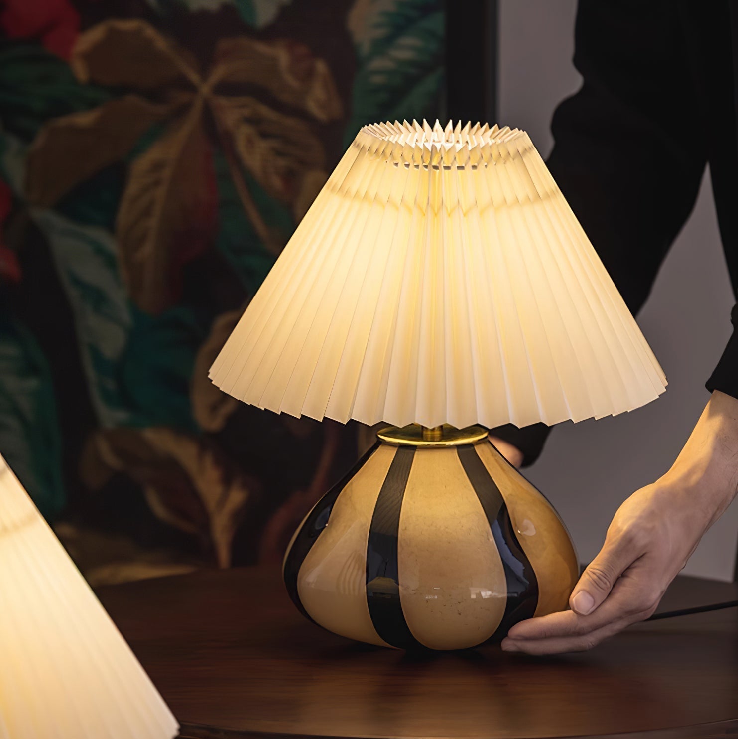 Pleated Fabric Table Lamp | Glass Base, Warm Structured Light