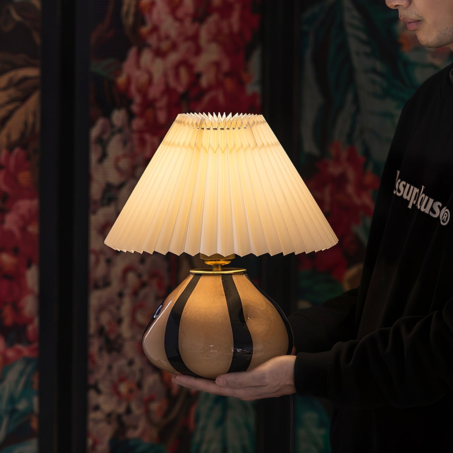Pleated Fabric Table Lamp | Glass Base, Warm Structured Light