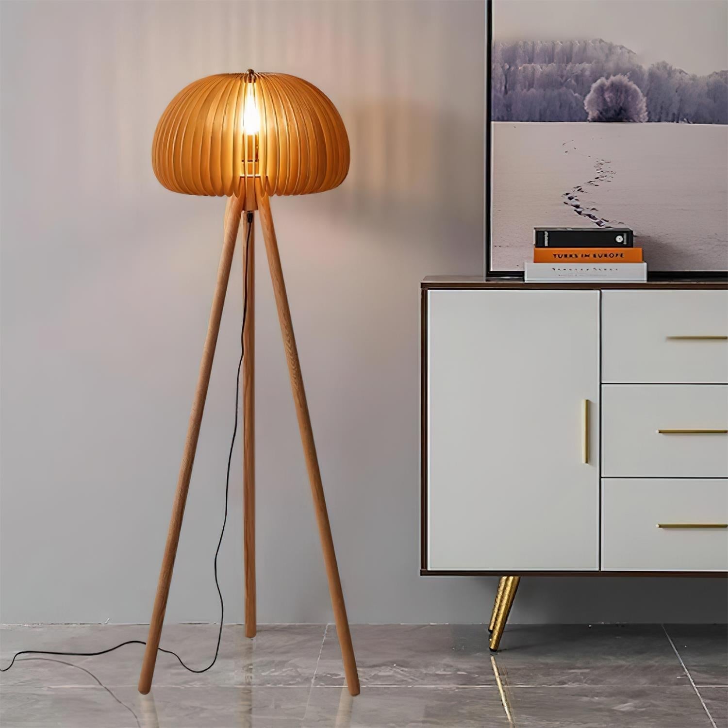 Timber Slat Floor Lamp with Tripod Base | Japandi Style, E27