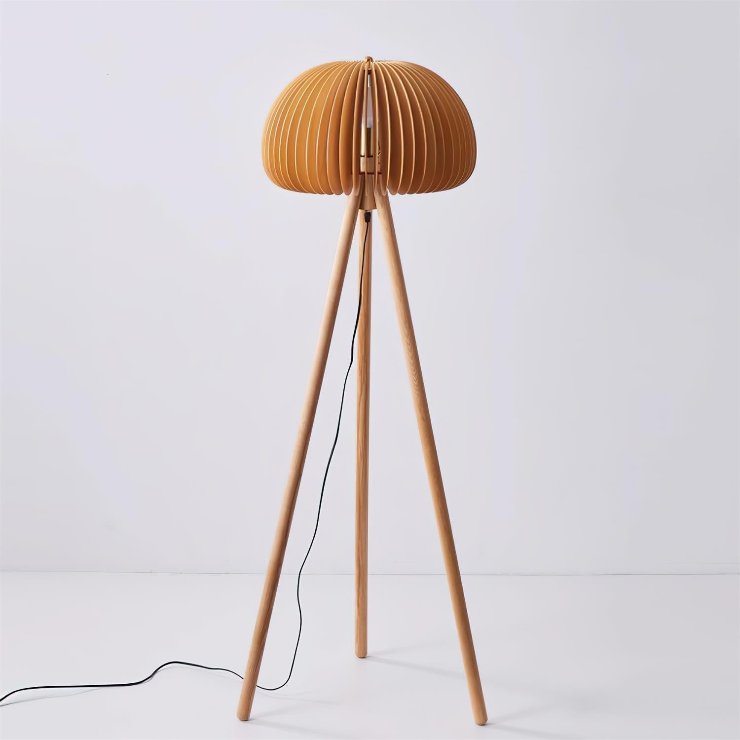 Timber Slat Floor Lamp with Tripod Base | Japandi Style, E27