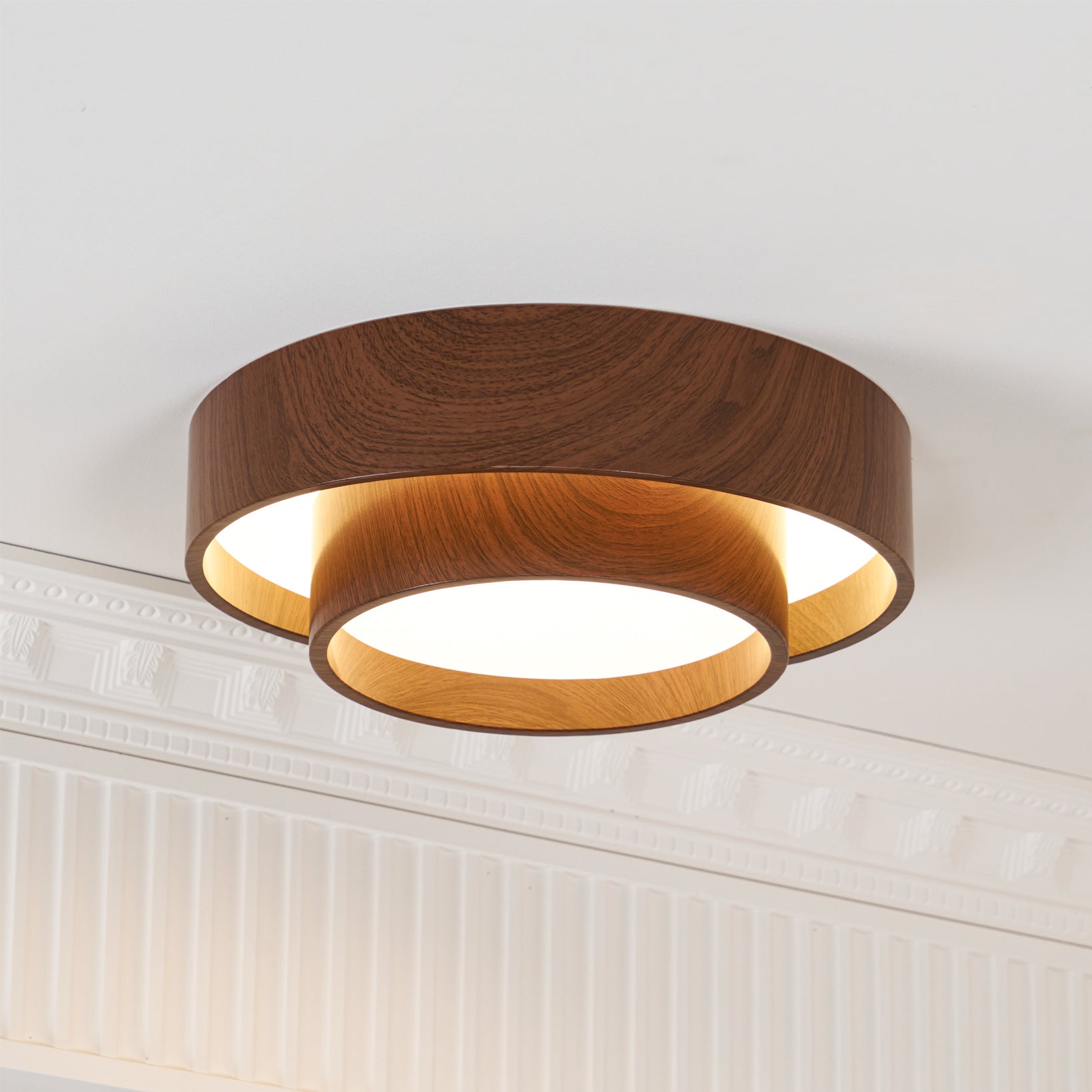 Round Walnut LED Ceiling Light | Japandi Style, Dimmable