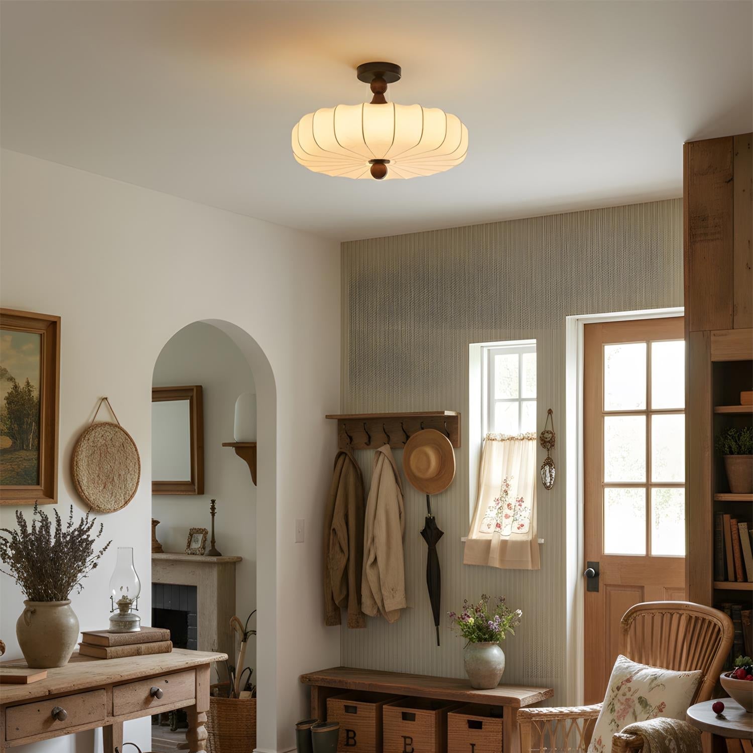 Floral Relief Fabric Ceiling Light | Walnut Wood, Warm White LED