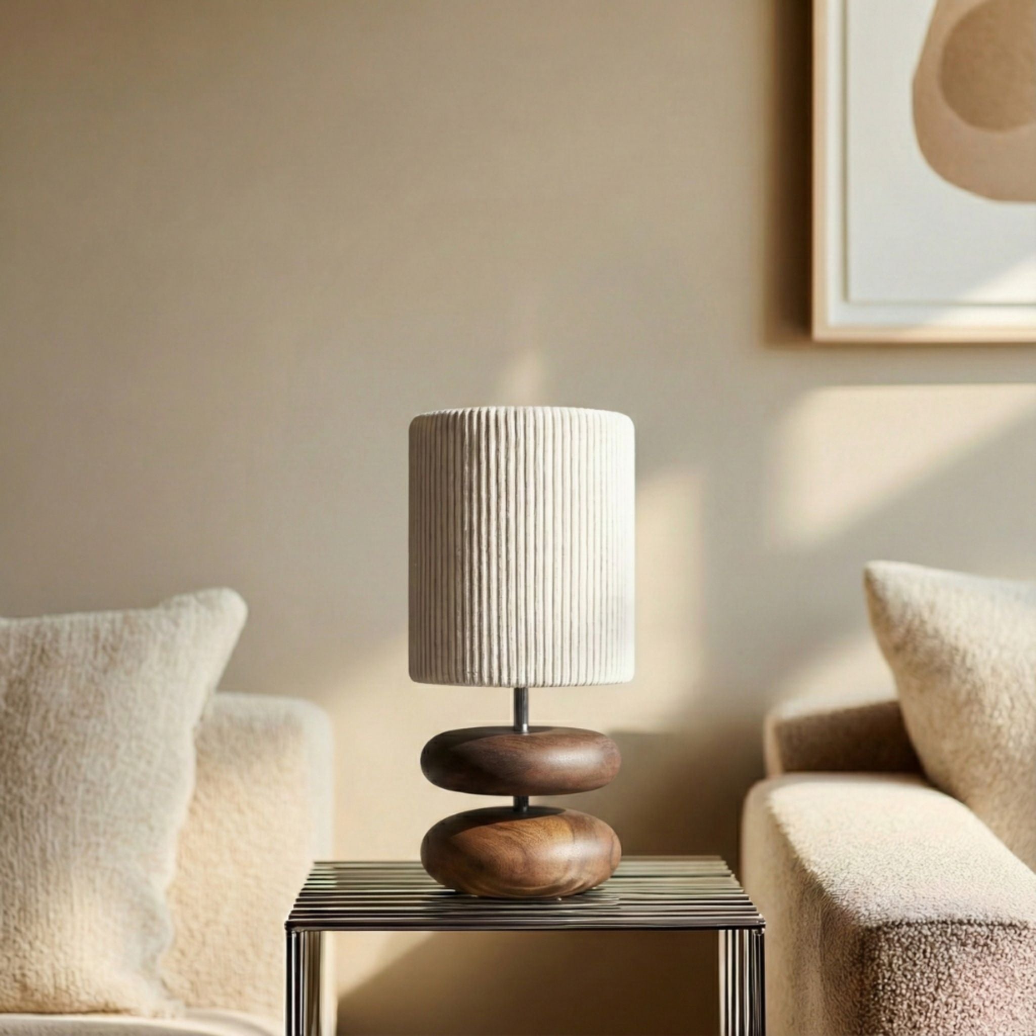 Walnut Wood Table Lamp with Fabric Shade | Modern Japandi Design