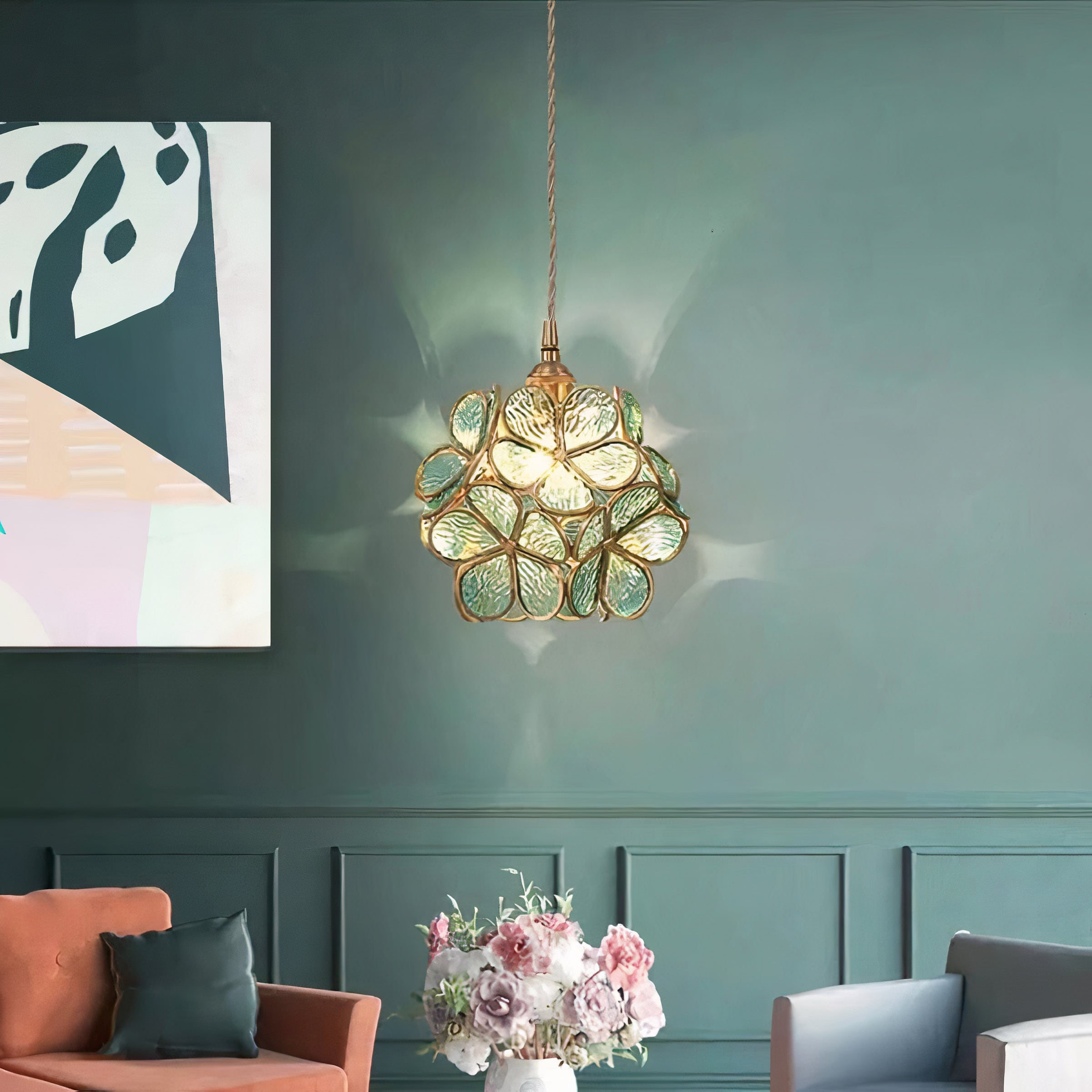 Floral Glass Pendant Light | Brass Frame, E27 Vintage Style